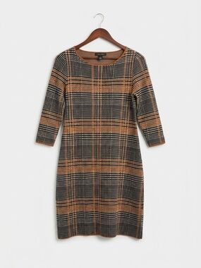 Ann Taylor Plaid Long Sleeve Sheath Dress in Tan and Black